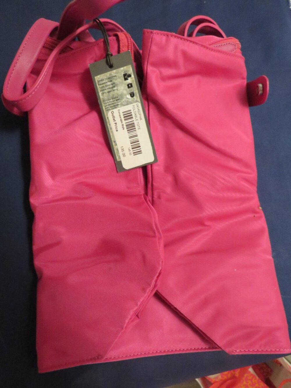 NWT TUMI Foldable Tote Fuchsia Pink Nylon Leather Trim Packable Travel Bag - Picture 7 of 15